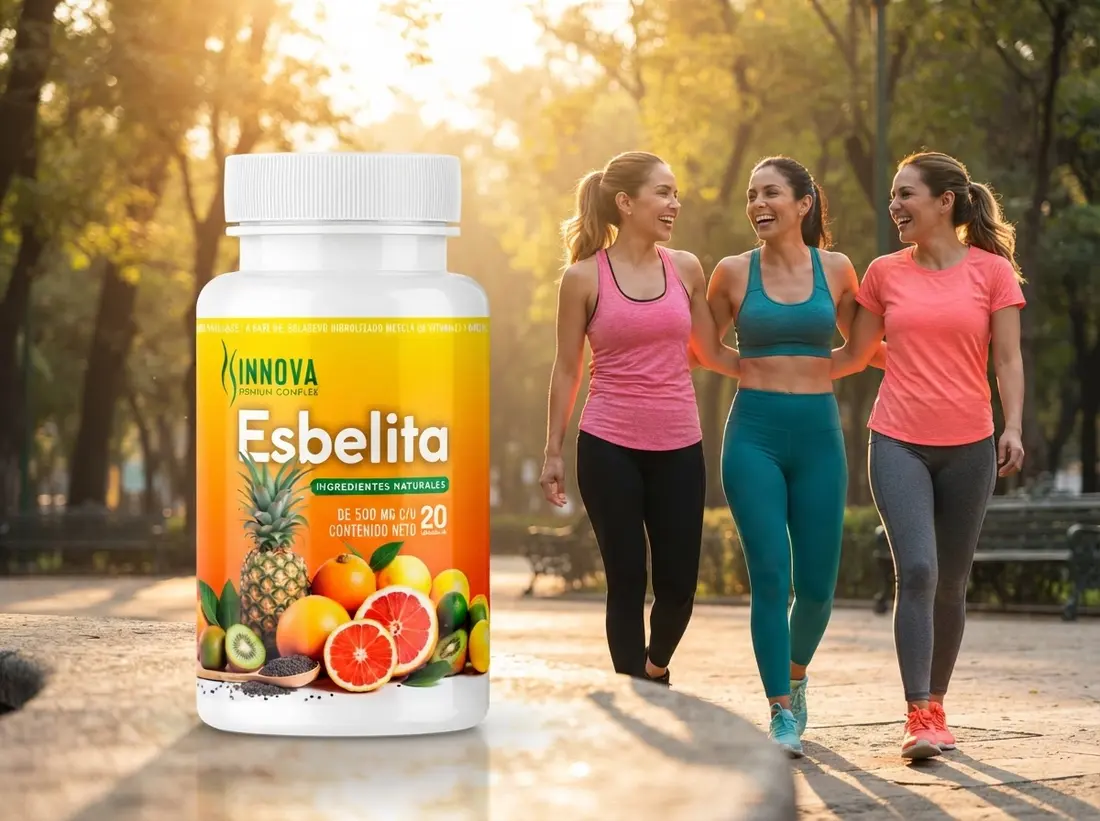 Tres mujeres caminando en un parque junto a un frasco de Esbelita