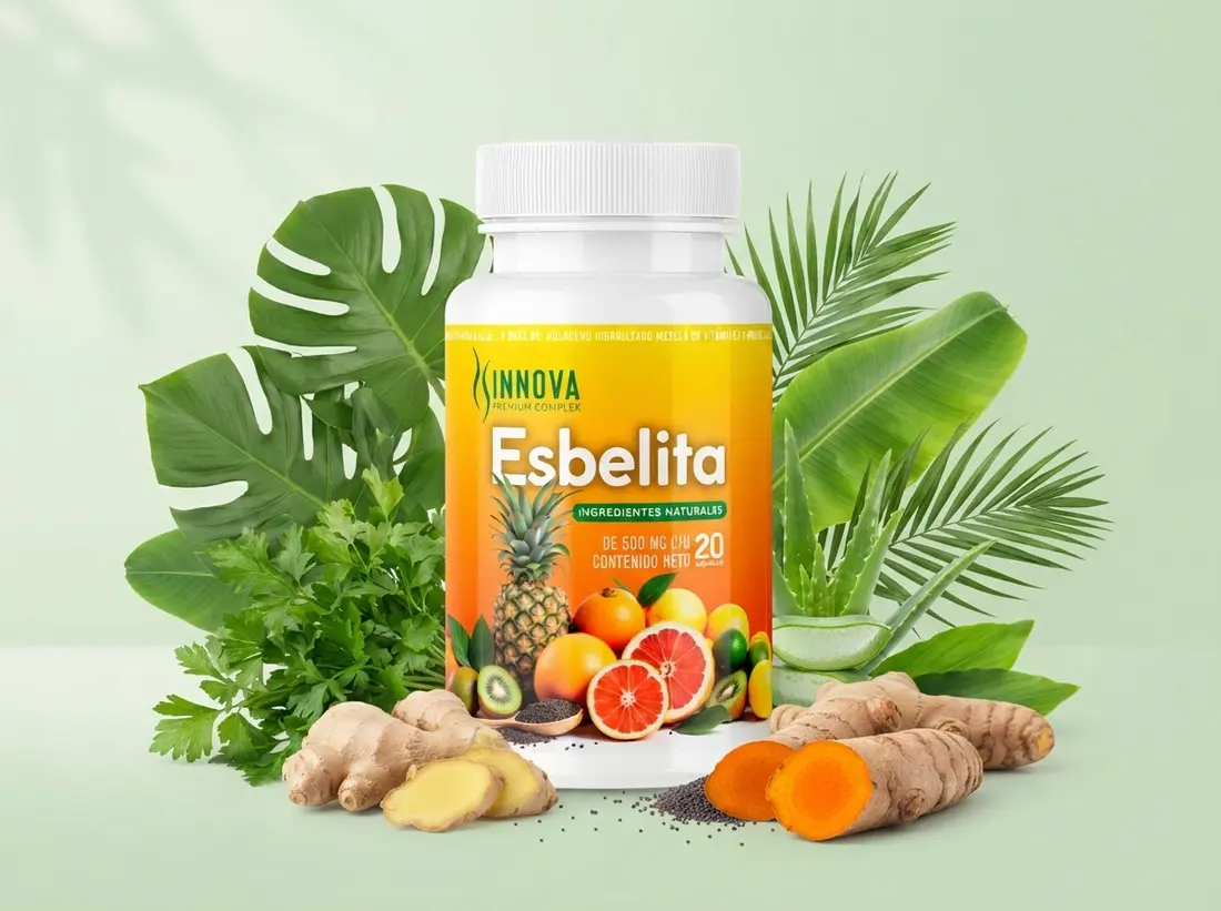 Frasco de Esbelita rodeado de hojas verdes, jengibre y cúrcuma
