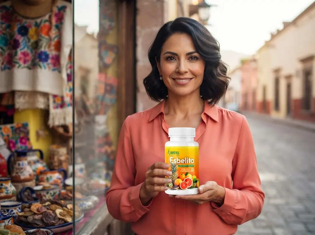 Mujer en una calle colorida sosteniendo un frasco de Esbelita