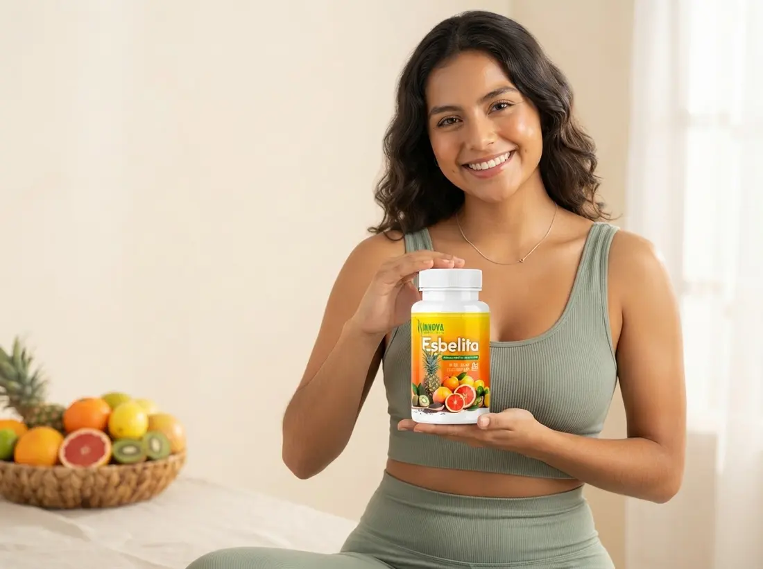 Mujer con ropa deportiva sosteniendo un frasco de Esbelita junto a un frutero