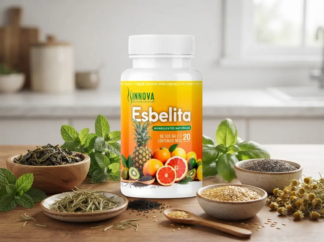 Frasco de Esbelita junto a hierbas y semillas naturales sobre una mesa de madera