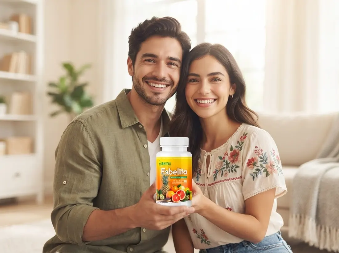 Pareja sonriente sosteniendo un frasco de Esbelita en su sala