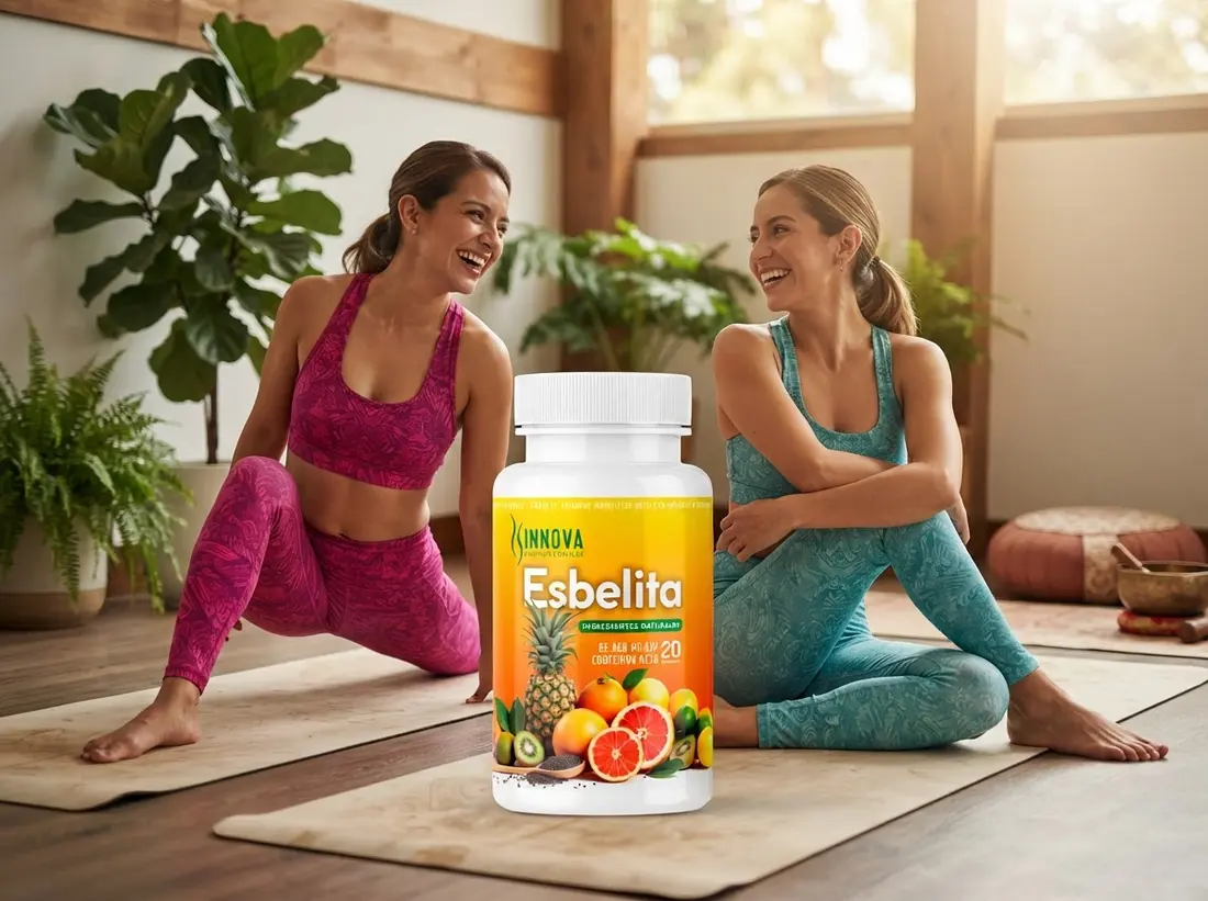 Dos mujeres practicando yoga junto a un frasco de Esbelita