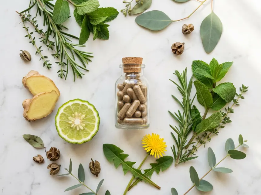 Cápsulas de origen vegetal junto a hierbas y cítricos sobre una superficie clara