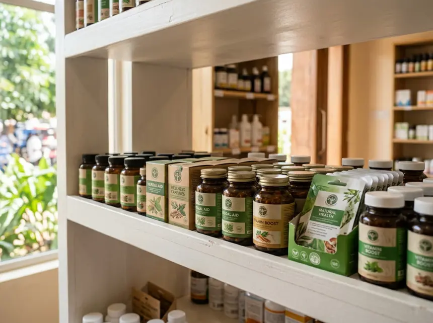 Estante con frascos de suplementos alimenticios bajo luz natural