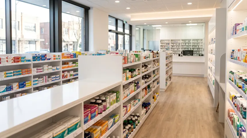 Pasillo de farmacia con anaqueles de suplementos bien surtidos