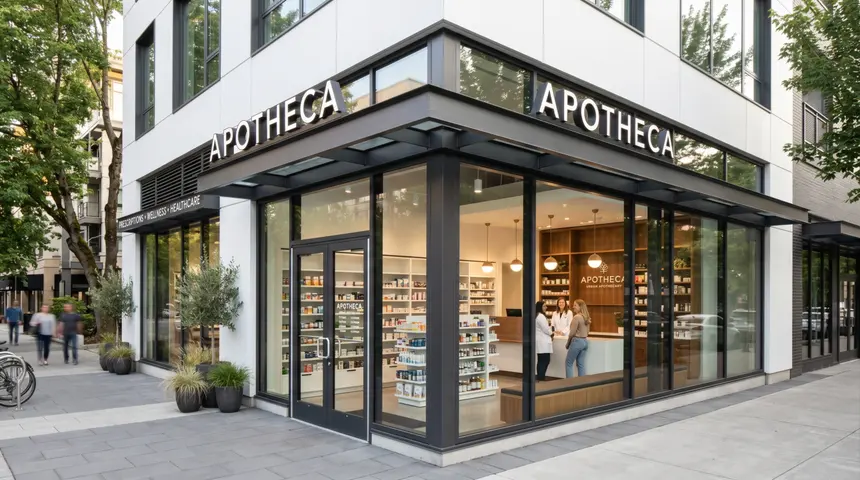 Fachada de una farmacia con acceso a la calle y vitrinas iluminadas