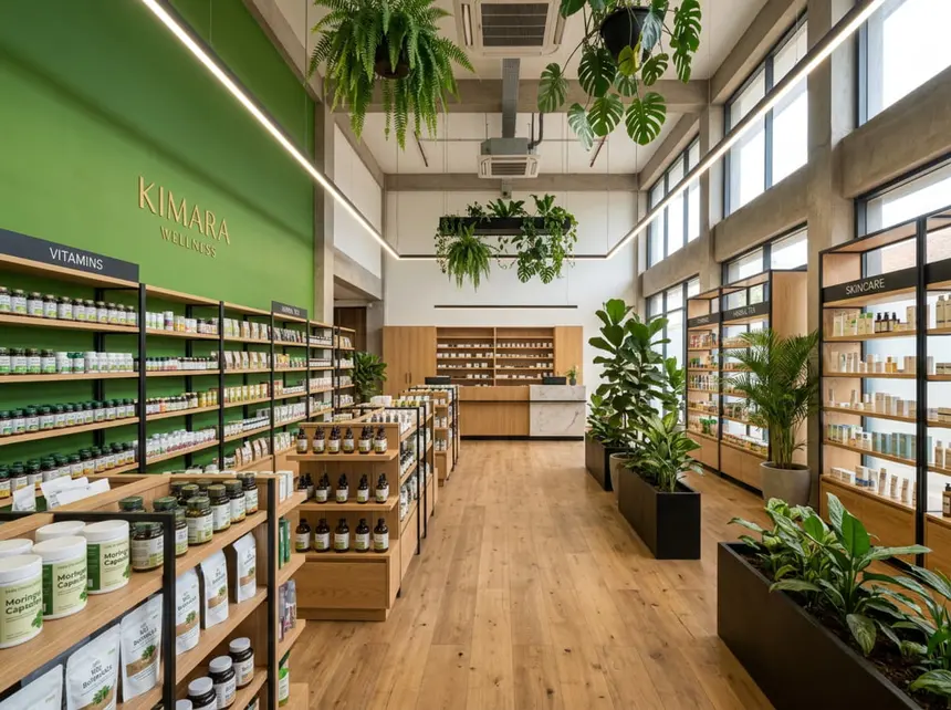 Interior de farmacia con anaqueles verdes de productos naturales