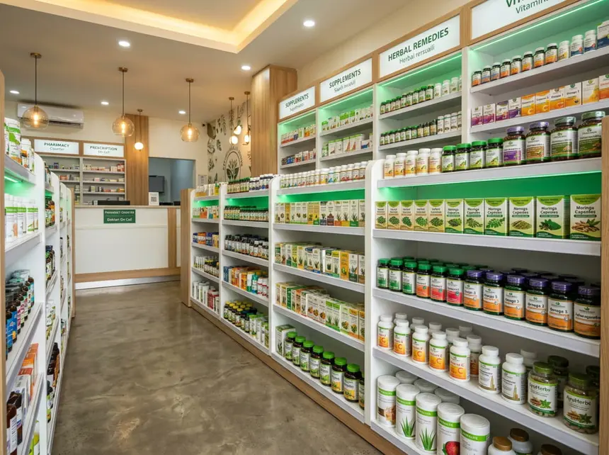 Anaqueles ordenados de una farmacia con productos de bienestar
